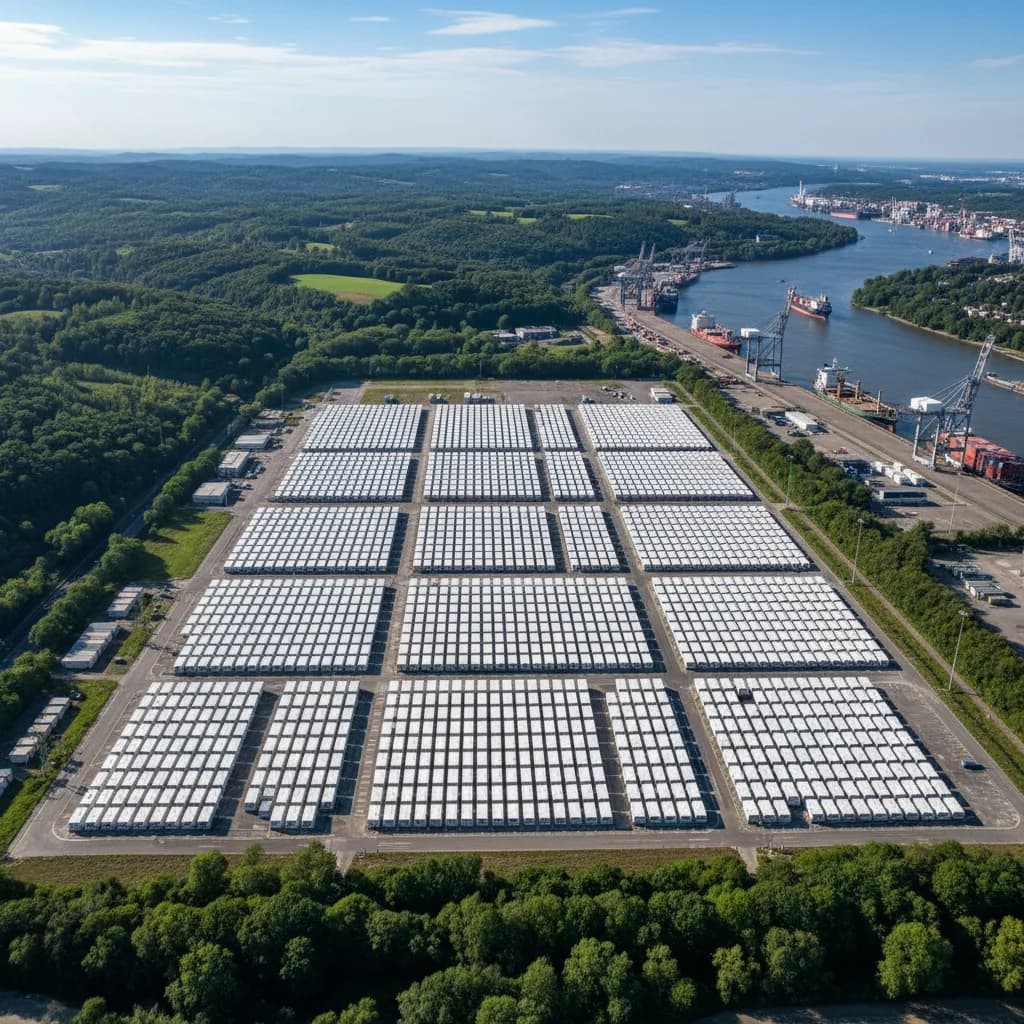 Luftbild einer sehr großen Speicheranlage in vier Blöcken am Rand eines Waldstücks, dahinter Hafenkräne und ein Fluss.