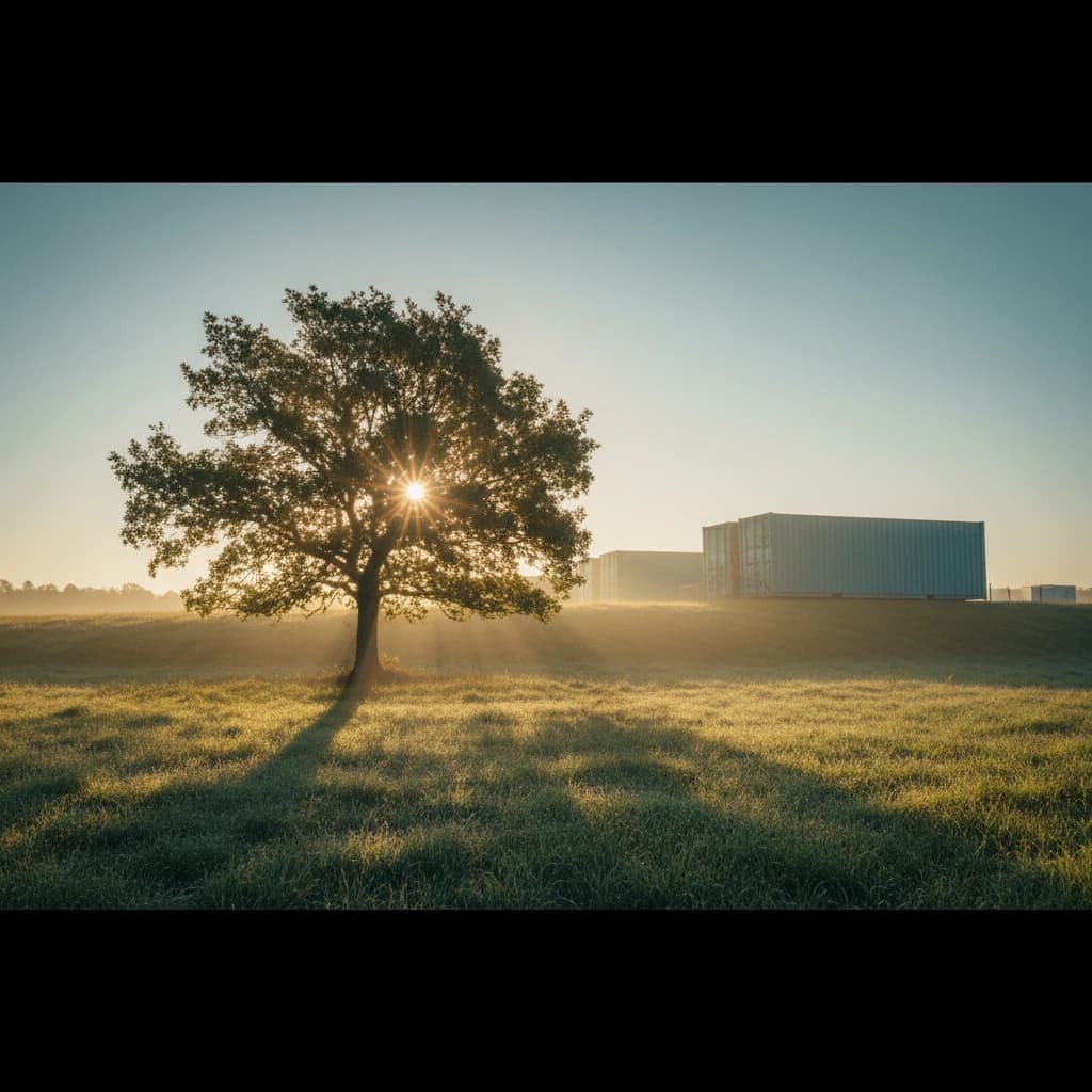 Ein einzelner Baum auf einer Wiese im Morgenlicht, die Sonne bricht durch die Krone; rechts im Hintergrund eine lange Halle.