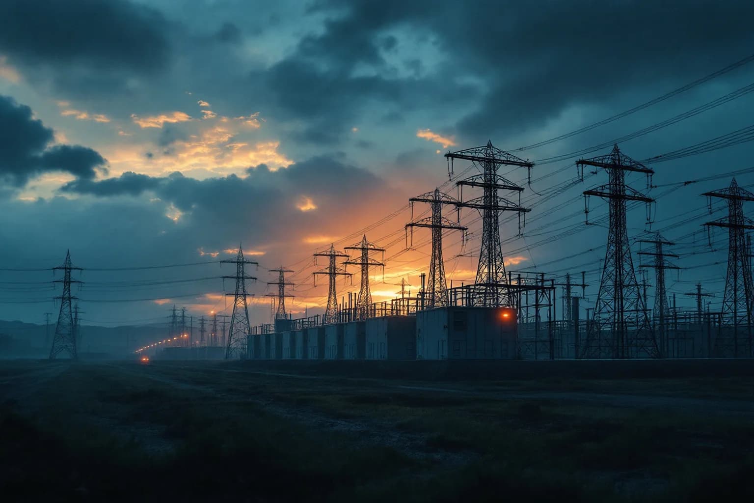 Umspannwerk in der Abenddämmerung: eine lange Reihe Hochspannungsmasten und Schaltanlagen am Horizont einer flachen Wiesenlandschaft, darüber ein bewölkter Himmel mit orangem Licht.