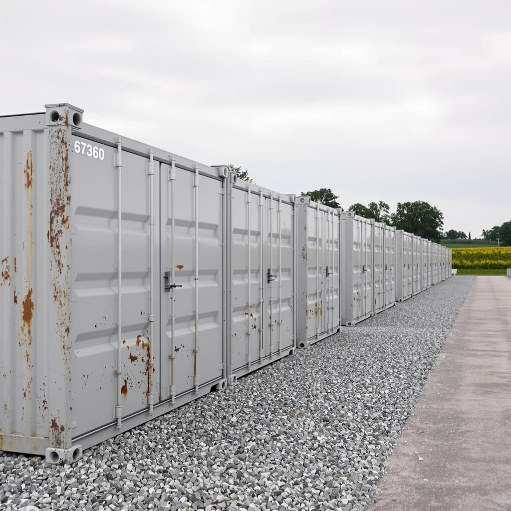 Eine lange Reihe gebrauchter Speichercontainer mit Rostspuren auf Schotter, dahinter ein gelb blühendes Feld.