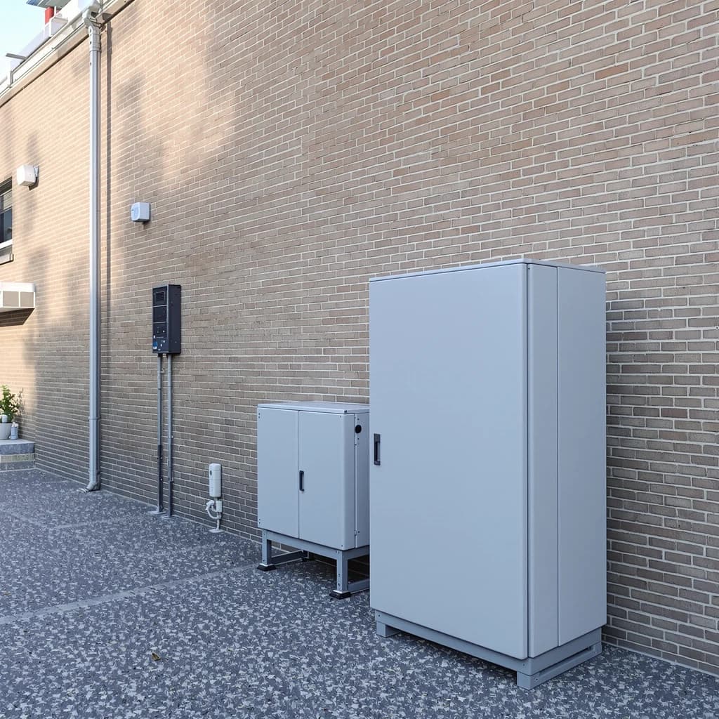 Zwei weiße Technikschränke unterschiedlicher Größe stehen an einer Klinkerwand auf gepflastertem Boden im Freien.