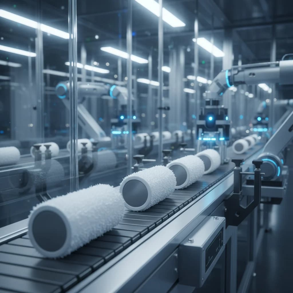 Fertigungslinie hinter Glas: weiße zylindrische Rollen liegen auf einem Förderband, darüber Roboterarme mit blauen Statusleuchten.
