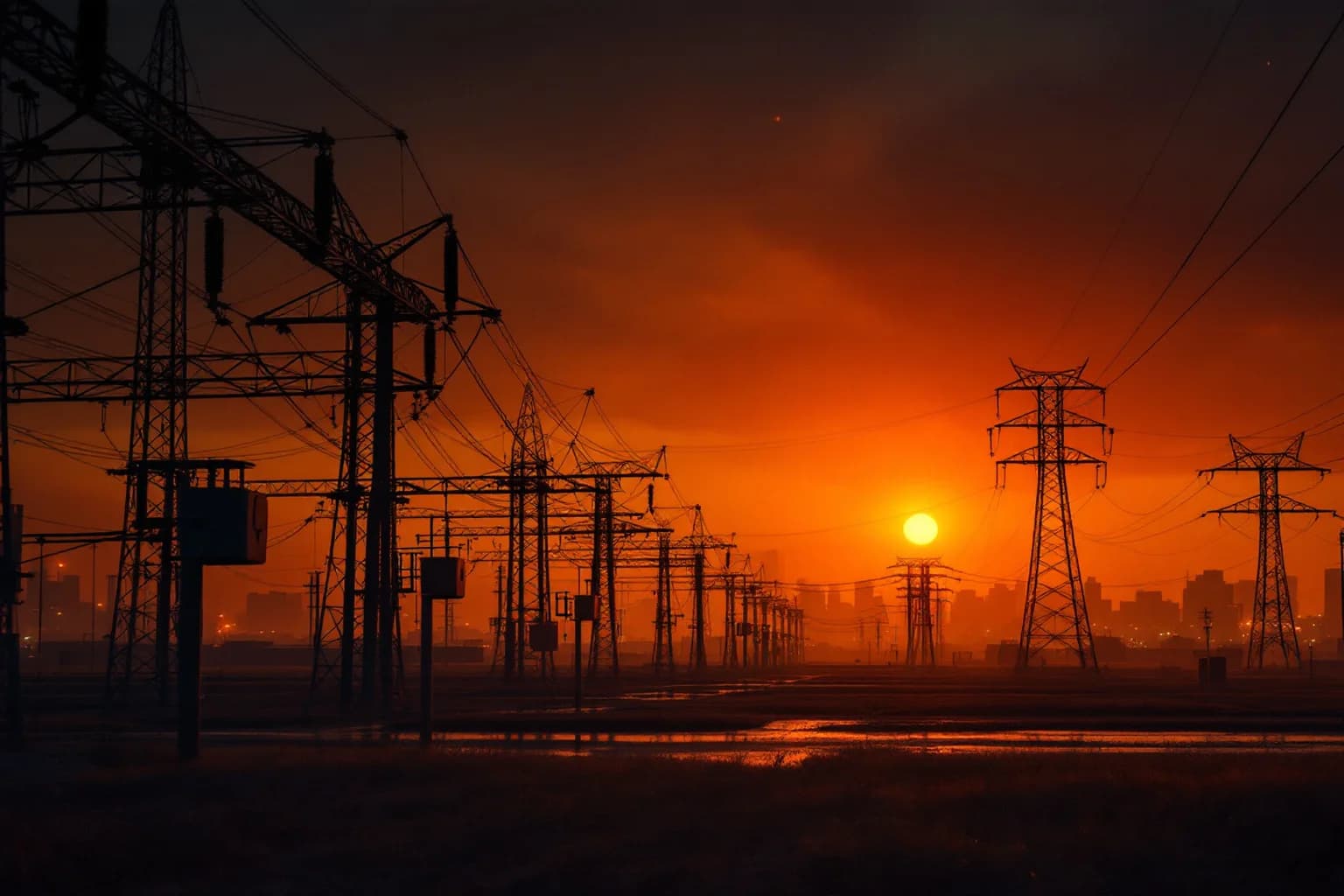 Ein Umspannwerk mit Freileitungsmasten als Silhouette vor einem tiefroten Sonnenuntergang, im Dunst die Umrisse einer Stadt.
