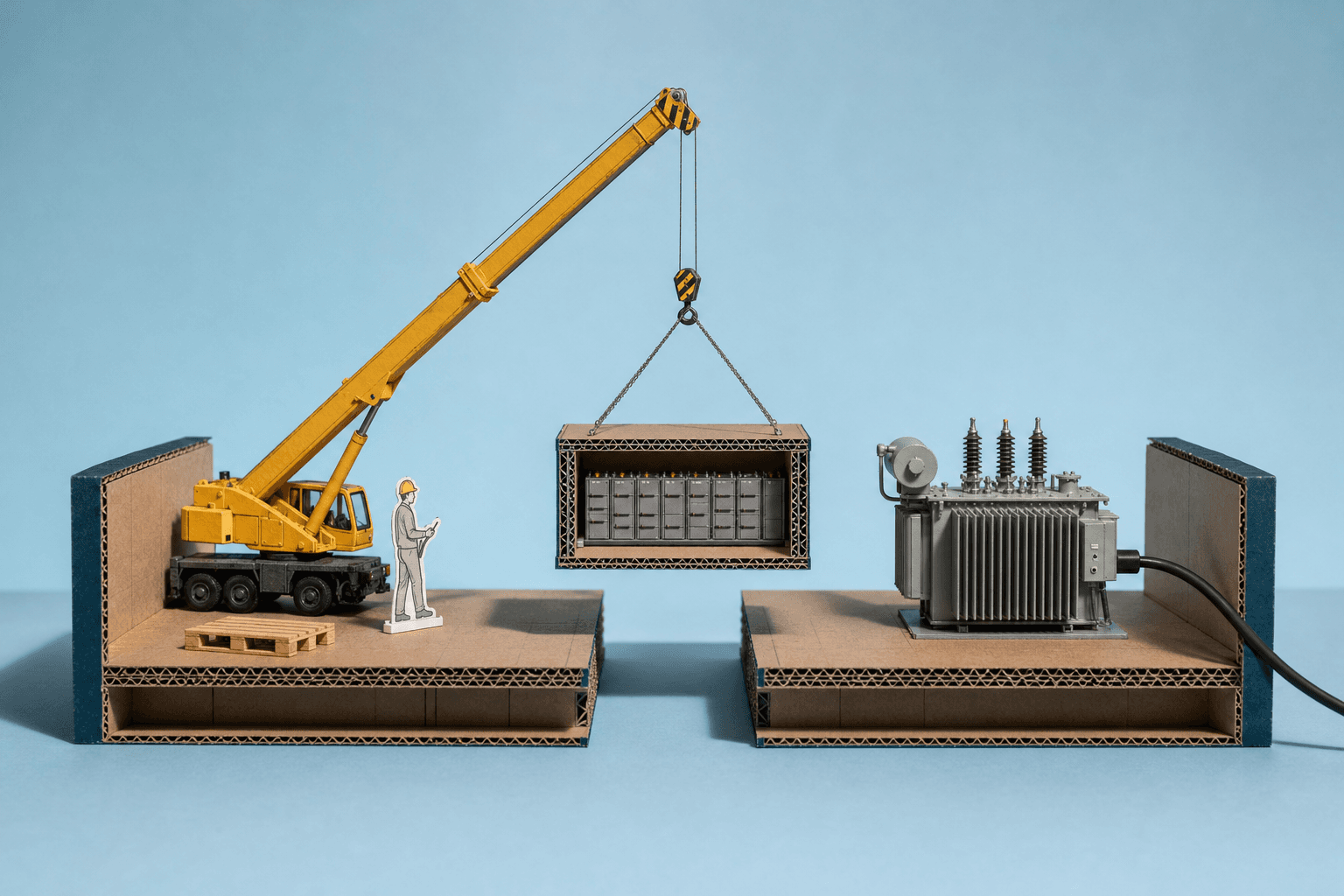 Kartonmodell: Ein gelber Spielzeugkran hebt einen aufgeschnittenen Batteriecontainer von einer Baustellen-Plattform mit Palette und Monteur über eine Lücke zu einer zweiten Plattform mit einem angeschlossenen Transformator. KI-Illustration.