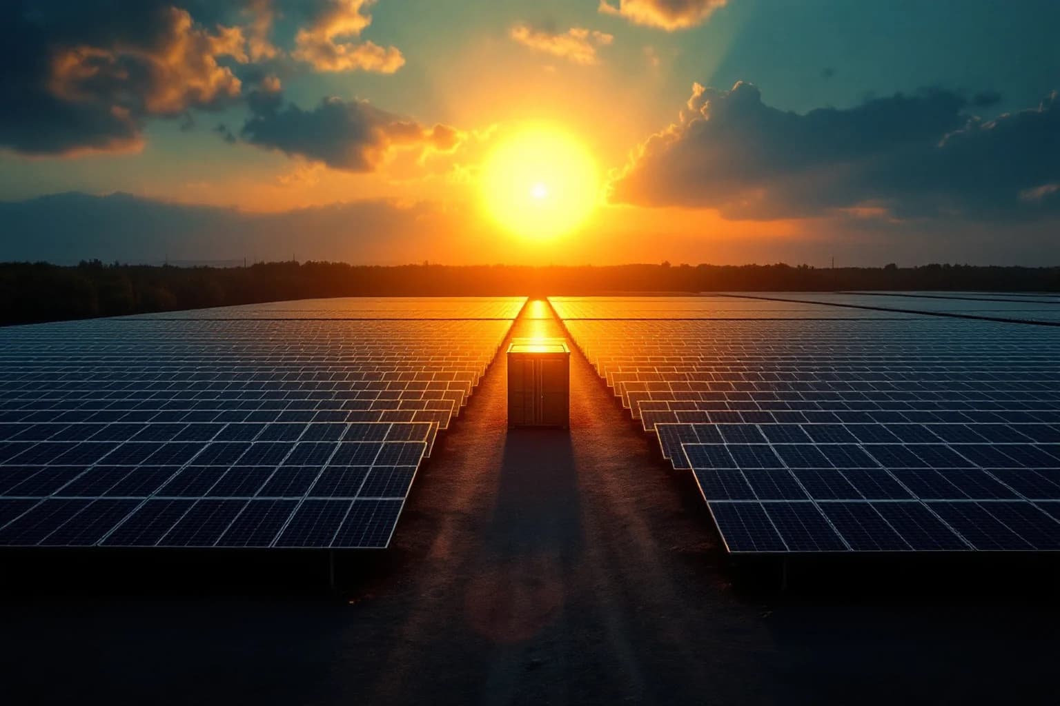 Blick durch die Mittelgasse eines Solarparks direkt in die untergehende Sonne; am Ende der Gasse steht ein einzelner Container.