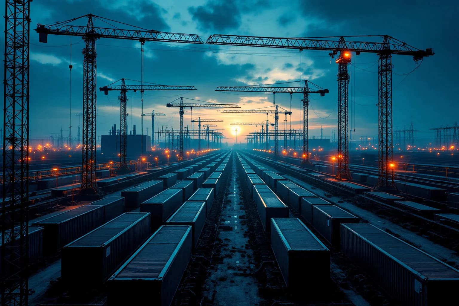 Baustelle bei Sonnenaufgang: ein Dutzend Baukräne über langen Reihen von Containern, die auf den Horizont zulaufen.