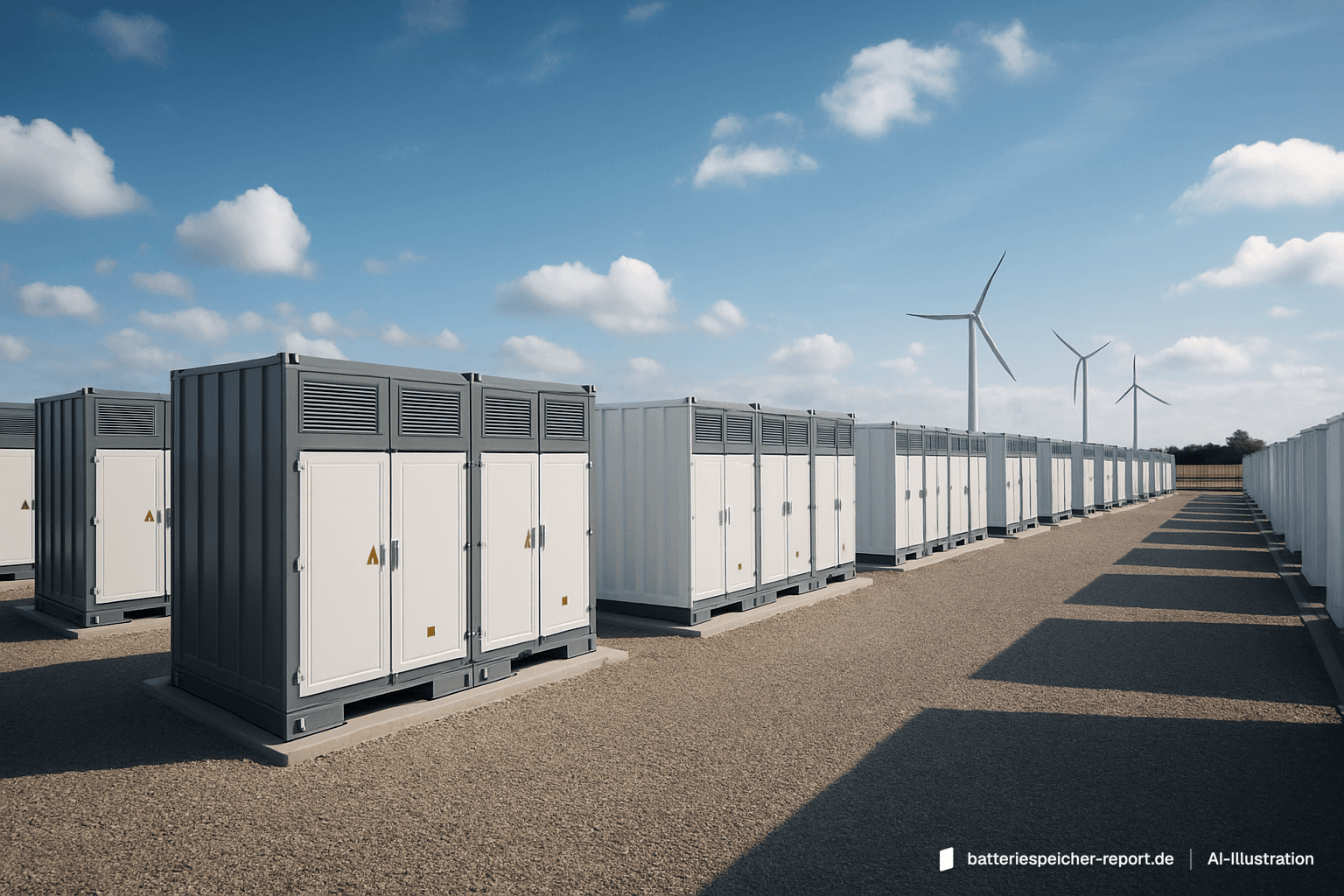 Zwei Reihen weiß-grauer Batteriespeicher-Container auf einer Schotterfläche, im Hintergrund drei Windräder unter blauem Himmel. KI-Illustration.