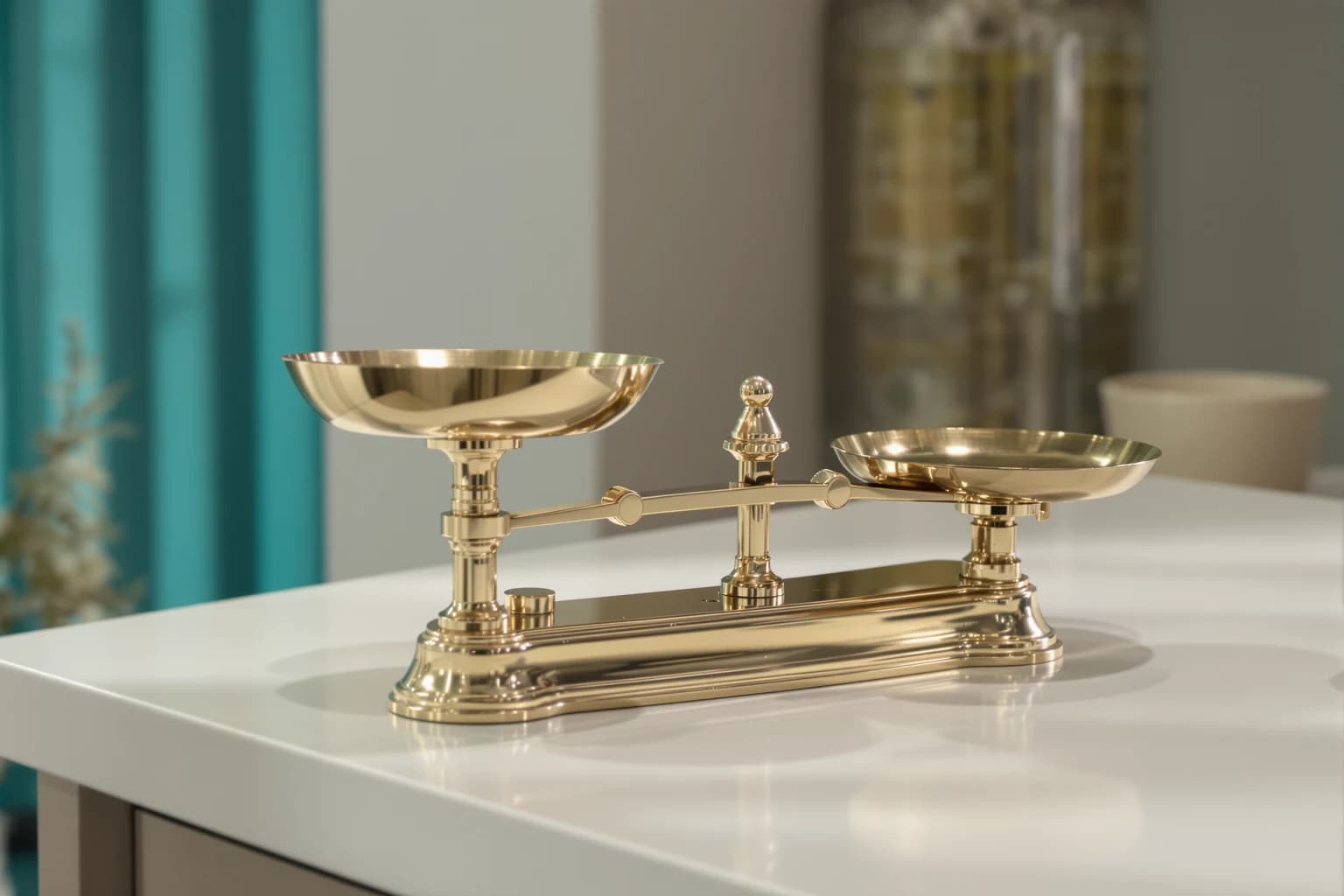 Eine goldene Balkenwaage mit zwei Schalen steht auf einer weißen Arbeitsplatte, leicht zur schwereren Seite geneigt.