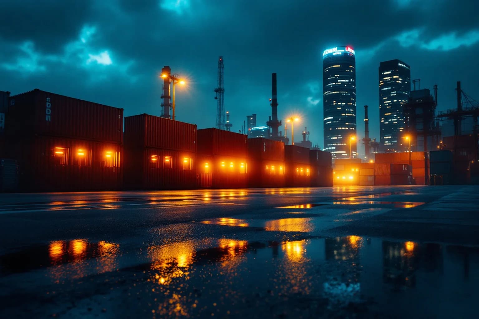 Hafengelände bei Nacht im Regen: rot beleuchtete Frachtcontainer spiegeln sich in nassem Asphalt, dahinter die Hochhäuser einer Bankenskyline.