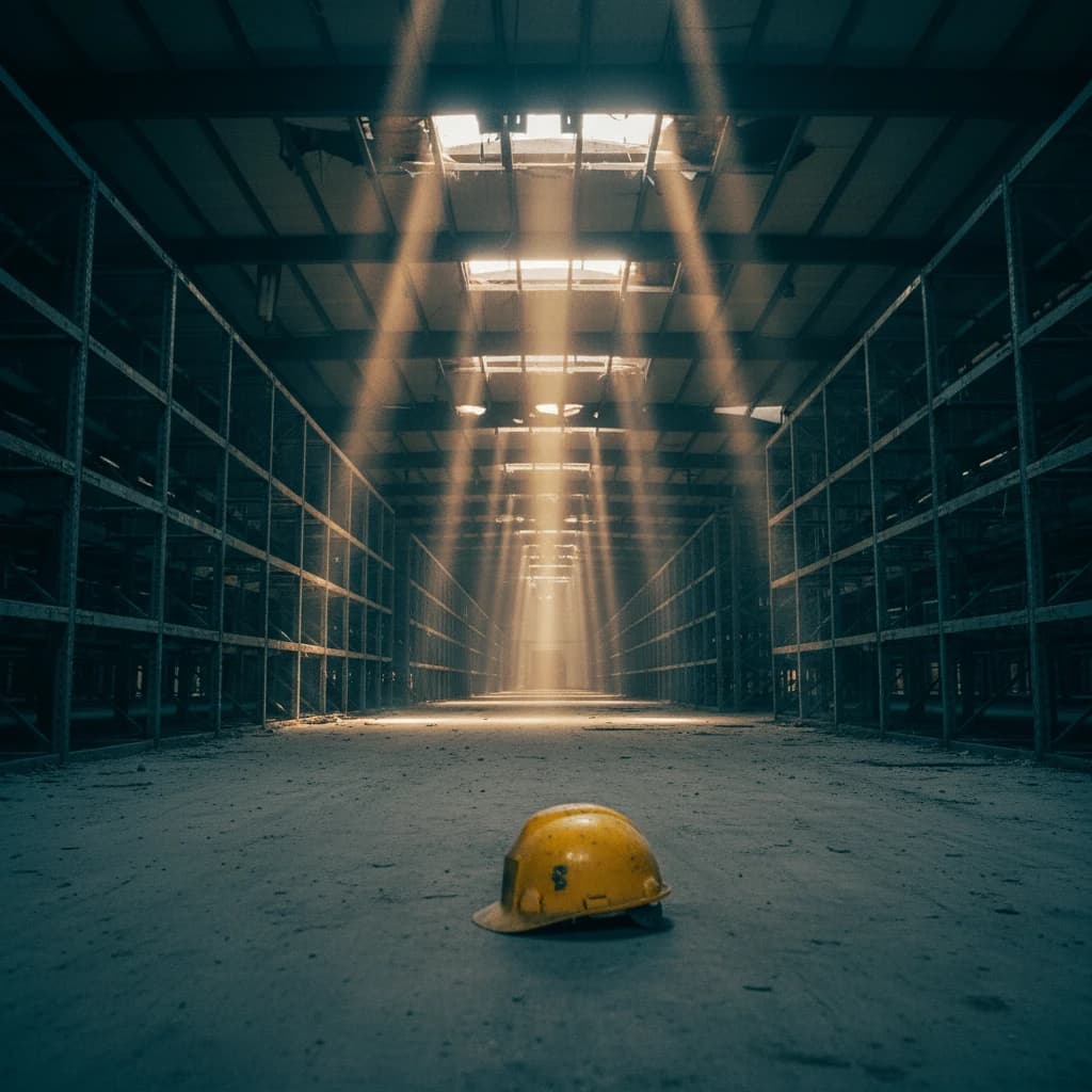 Eine leergeräumte Lagerhalle mit Lichtstrahlen aus der Decke; auf dem Boden liegt ein gelber Bauhelm.