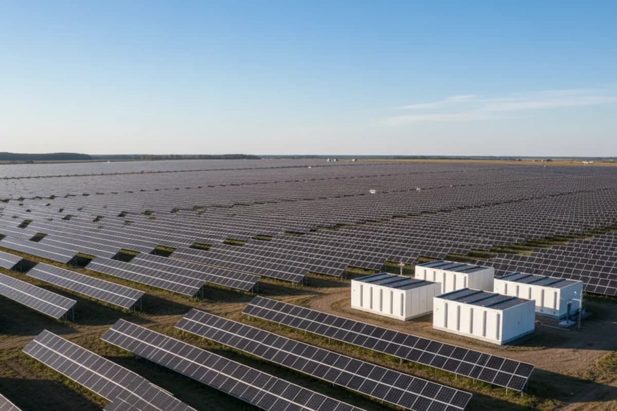 Luftbild eines weiten Solarparks bei tiefstehender Sonne; am Rand der Modulreihen stehen fünf weiße Batteriecontainer.