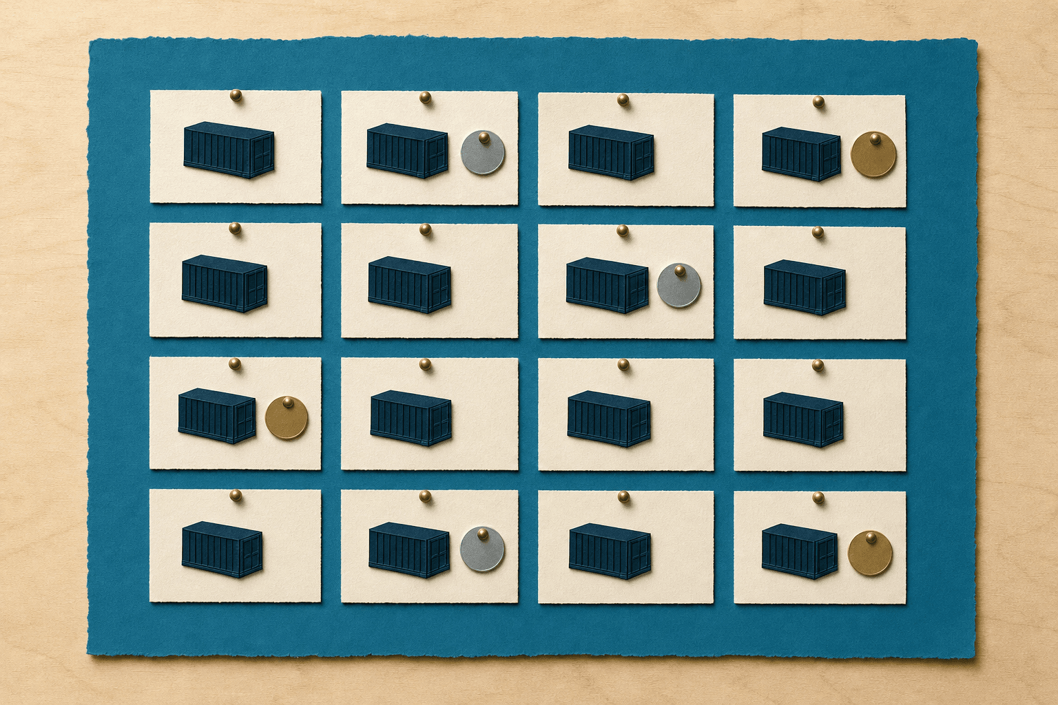 Papiercollage auf Holz, von oben: Sechzehn Karten in vier Reihen, auf jeder ein blauer Container. Auf sechs Karten ist zusätzlich eine Münze angeheftet. KI-Illustration.