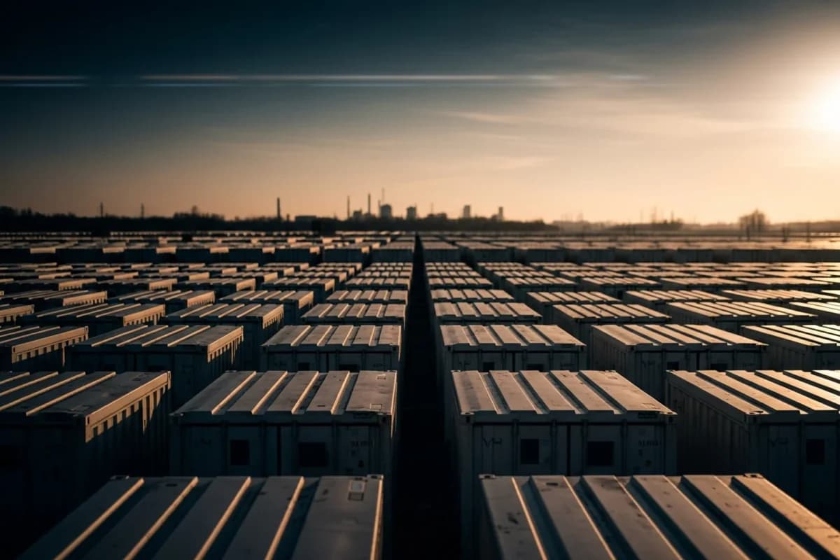 Zwei sehr lange Reihen Container laufen im Dunst auf einen fernen Horizont zu, dazwischen ein schmaler Fahrweg.