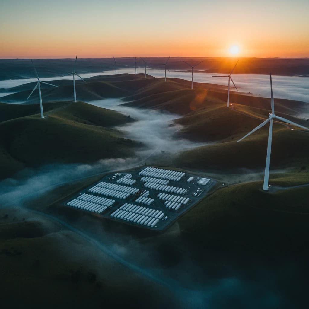 Luftbild einer hügeligen Landschaft im Morgennebel: eine Photovoltaik-Fläche im Tal, ringsum verteilte Windräder, dahinter Sonnenaufgang.