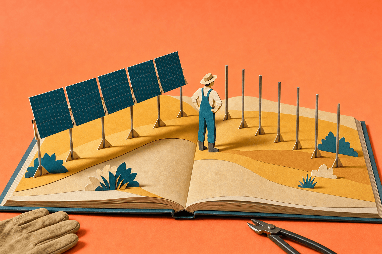 Aufgeklapptes Buch mit einem ockerfarbenen Feld: links senkrechte Solarmodule auf Pfosten, rechts nur leere Stahlpfosten, dazwischen ein Landwirt aus Papier; davor Arbeitshandschuhe und eine Zange, auf korallfarbenem Grund. KI-Illustration.