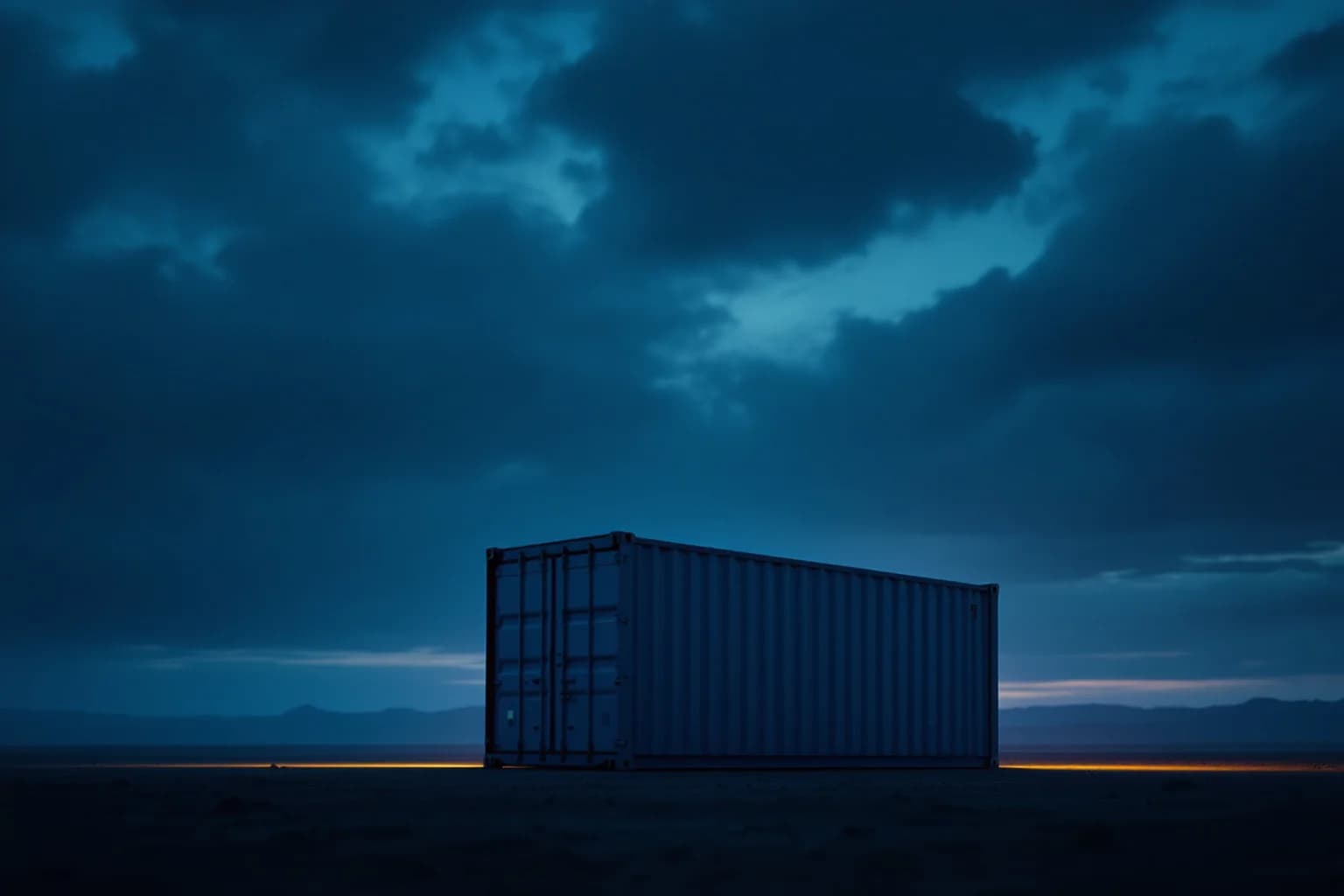 Ein einzelner Container steht bei Nacht in weiter, leerer Landschaft unter einem bewölkten Himmel; am Horizont ein schmaler heller Streifen.