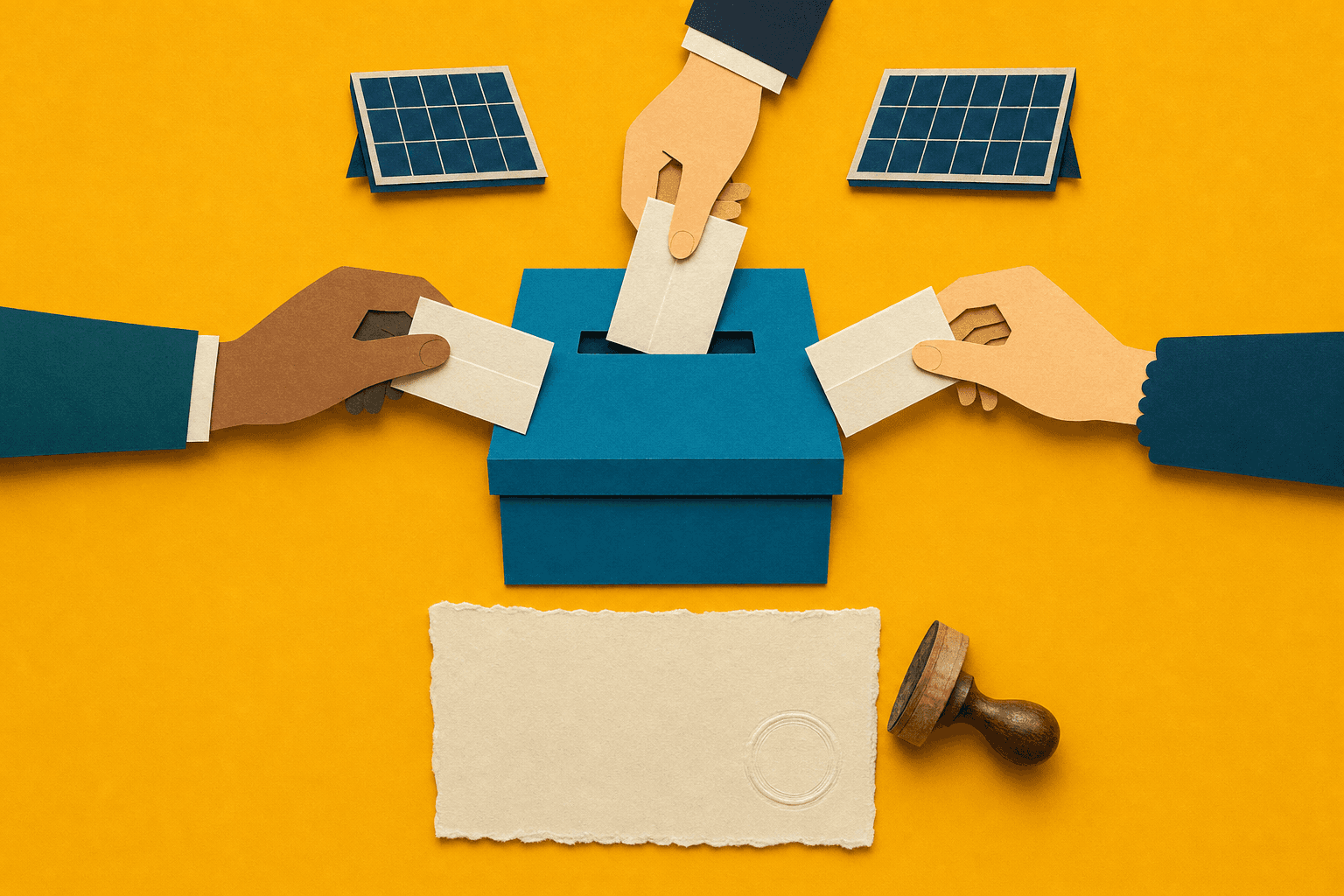 Von oben: Drei Papierhände werfen leere Stimmzettel in eine blaue Wahlurne aus Papier, darüber zwei Solarmodule, darunter ein leeres Urkundenblatt mit Prägesiegel und ein Holzstempel, auf gelbem Grund. KI-Illustration.