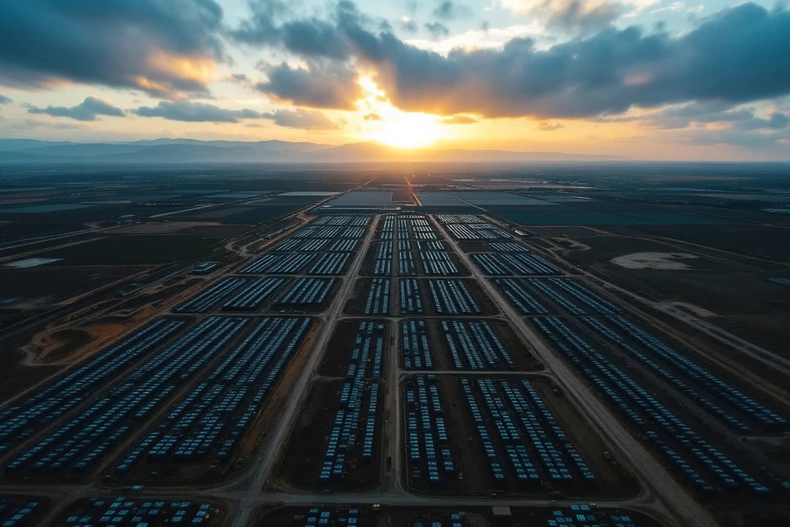 Luftbild einer riesigen Speicheranlage in der Abenddämmerung: gerasterte Reihen bläulich schimmernder Container erstrecken sich bis zum Horizont einer weiten Ebene.
