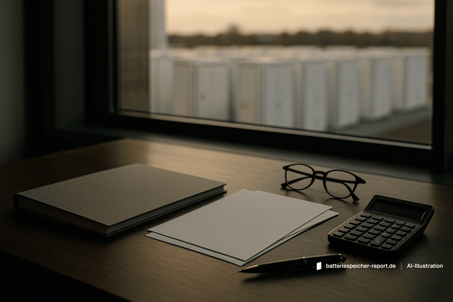 Schreibtisch mit grauer Mappe, leeren Papierbögen, Brille, Stift und Taschenrechner; durch das Fenster dahinter unscharf eine Reihe weißer Batteriespeicher-Container. KI-Illustration.