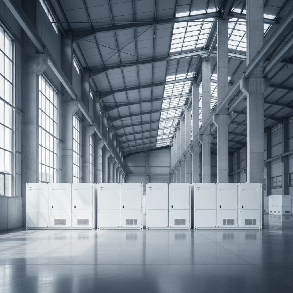 Eine Reihe weißer Speichereinheiten in einer hellen Industriehalle mit hohen Fenstern und Oberlichtern.