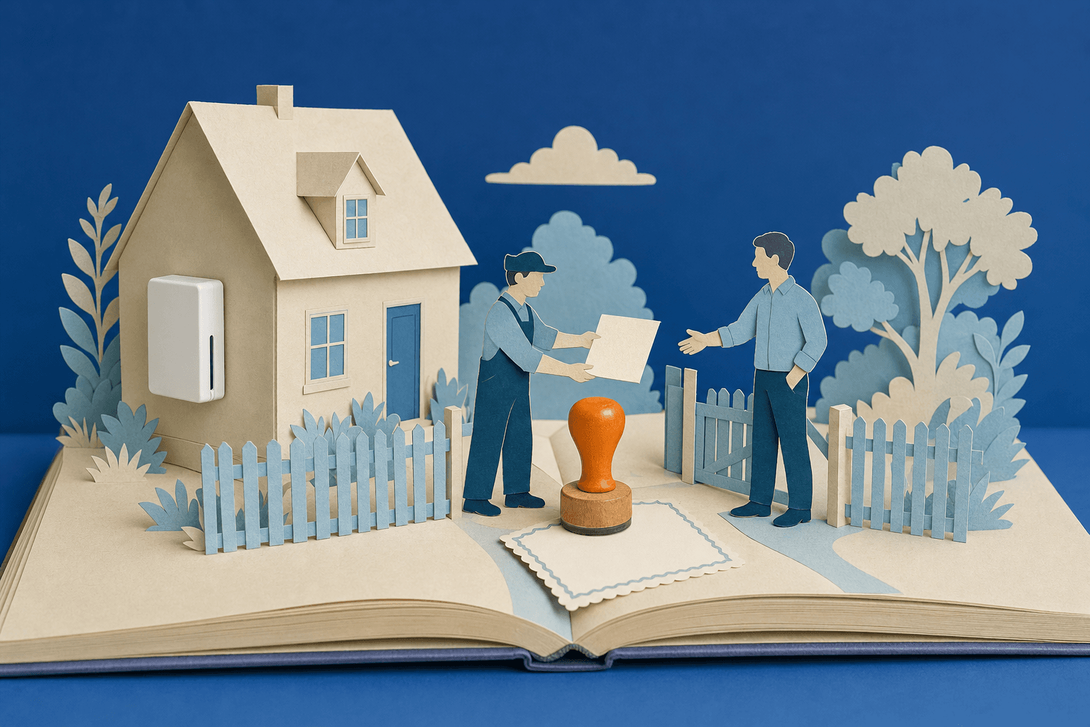 Papier-Diorama auf einem aufgeschlagenen Buch: Vor einem Einfamilienhaus mit Heimspeicher an der Wand reicht ein Installateur einem Hausbesitzer einen Vertrag. Zwischen beiden steht ein Holzstempel auf einer leeren Urkunde. KI-Illustration.