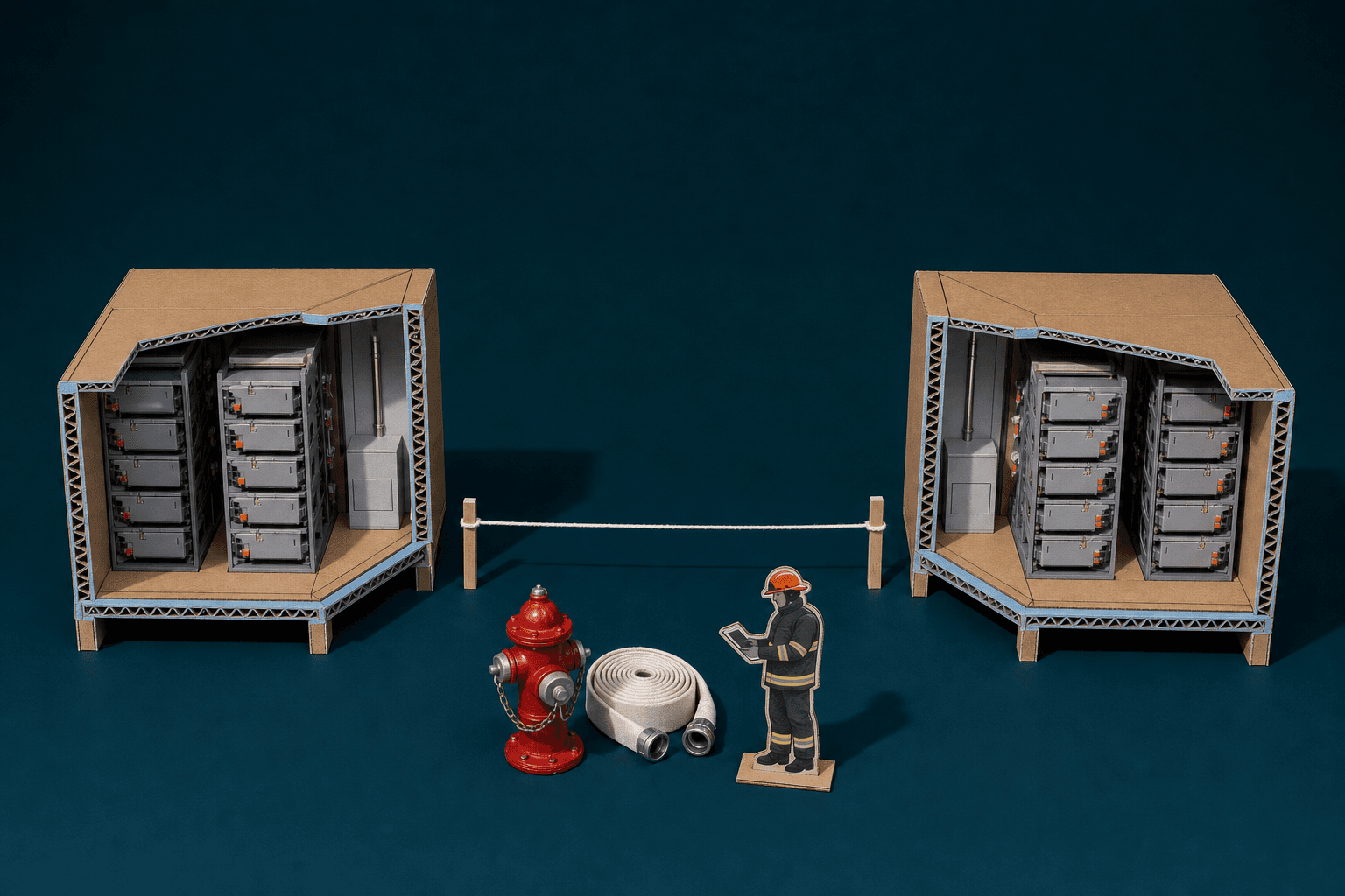 Kartonmodell: Zwei aufgeschnittene Batteriecontainer stehen mit Abstand nebeneinander, dazwischen eine gespannte Schnur an zwei Holzpflöcken. Davor ein roter Hydrant, ein aufgerollter Feuerwehrschlauch und eine Feuerwehrkraft aus Papier. KI-Illustration.