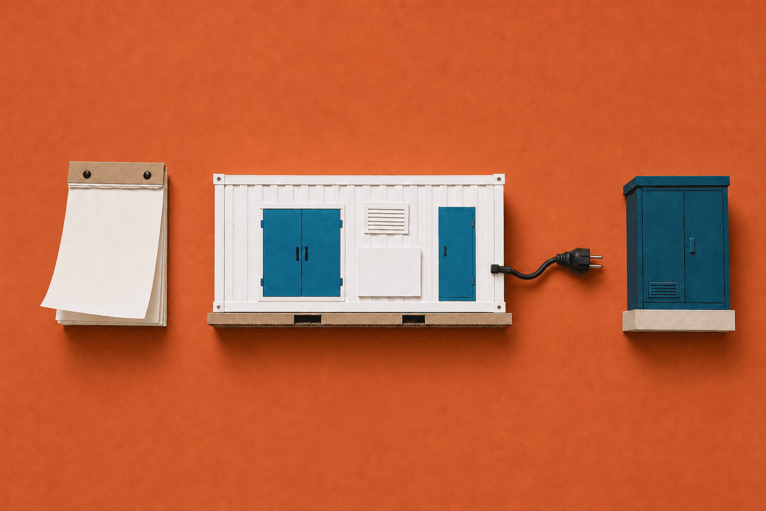 Von oben: links ein Abreißkalender mit leeren Blättern, in der Mitte ein weißer Speichercontainer aus Papier, dessen Kabel mit Stecker kurz vor einem blauen Netzanschlusskasten endet, auf terrakottafarbenem Grund. KI-Illustration.