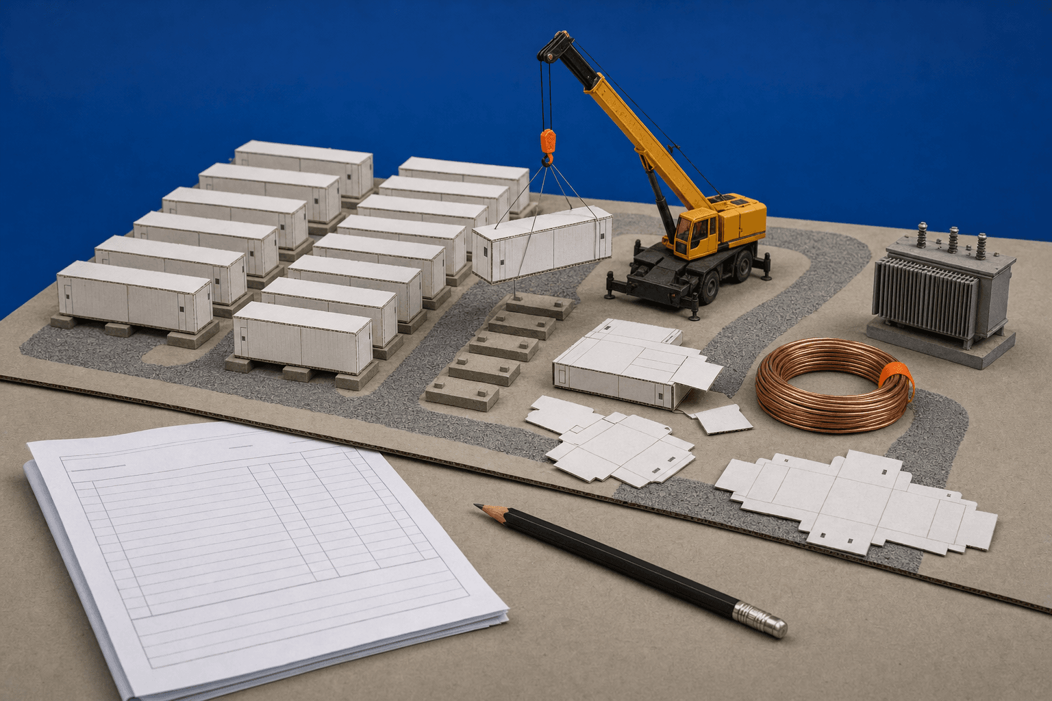 Modell einer Batteriespeicher-Baustelle aus Karton vor blauem Hintergrund: Reihen weißer Container auf Fundamenten, daneben leere Fundamente und flach ausgelegte Zuschnitte, ein gelber Spielzeugkran hebt einen Container, rechts ein Transformator und eine Kupferkabelrolle, vorn eine leere Rechnung und ein Bleistift. KI-Illustration.