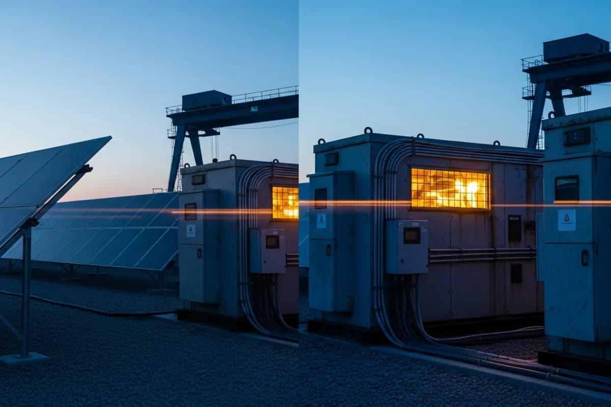 Zwei graue Technikschränke mit gelb erleuchteten Lüftungsgittern in der Dämmerung, links angeschnitten ein Solarmodul, dahinter Kranportale.