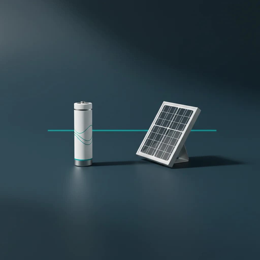 Eine Batteriezelle und ein Solarmodul stehen sich auf einer Linie gegenüber — eine Gegenüberstellung zweier Investitionsformen.