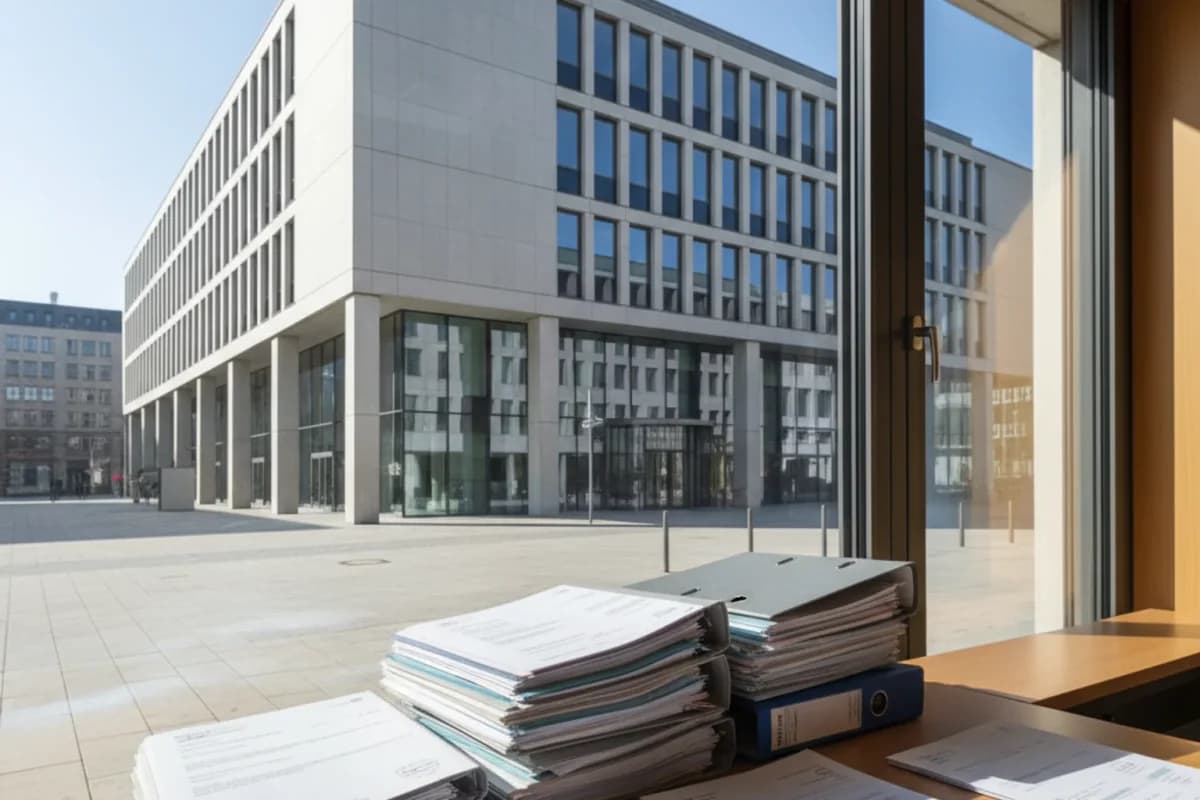 Blick aus einem Bürofenster auf einen modernen Behördenbau; auf der Fensterbank stapeln sich Aktenordner und lose Papierstöße.