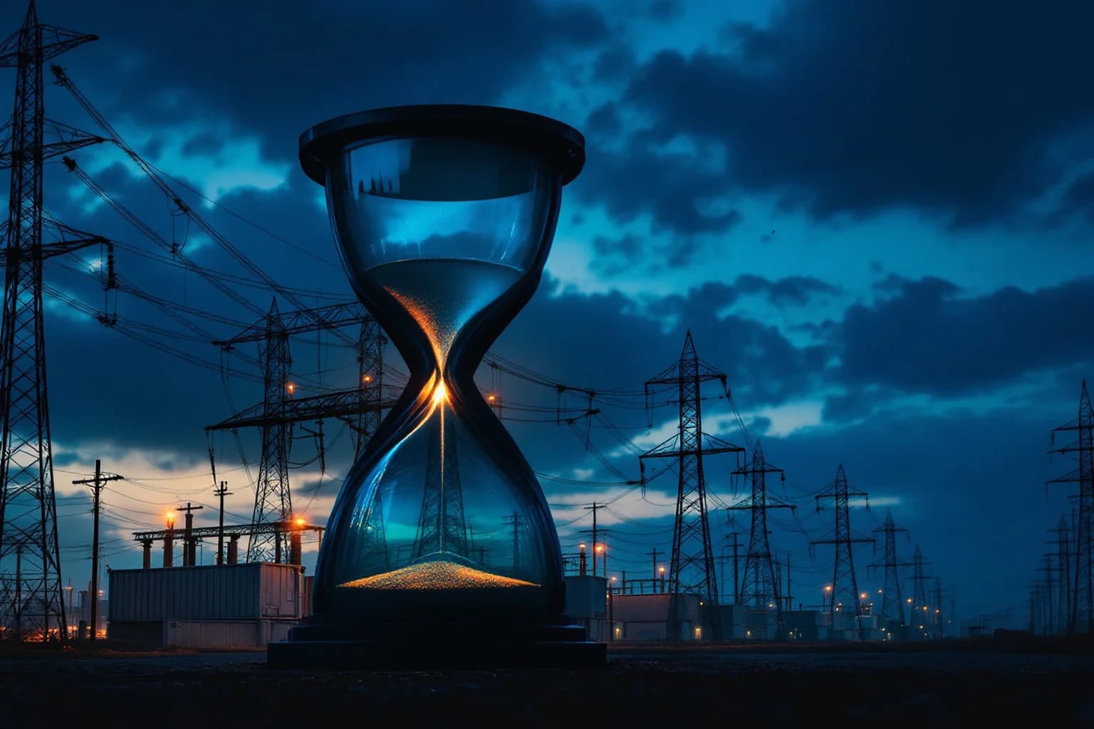 Eine große Sanduhr steht vor einem Umspannwerk in der Dämmerung; durch ihre Taille rieselt hell leuchtender Sand.