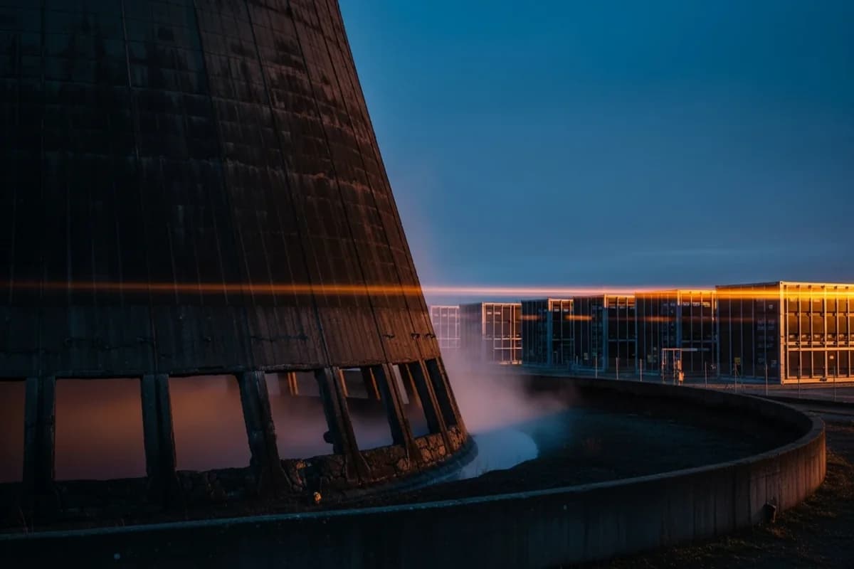Ein alter Kühlturm im Anschnitt, dahinter ein modernes, orange erleuchtetes Gebäude in der Dämmerung.