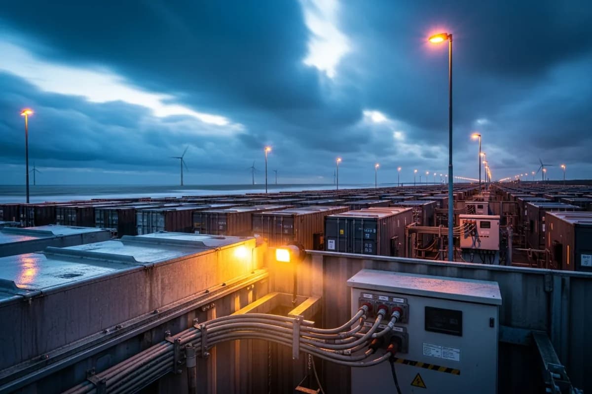 Blick über eine Anlage mit Containerreihen bei Nacht: im Vordergrund ein Schaltschrank mit Kabelbögen, darüber Mastleuchten und Wolken.
