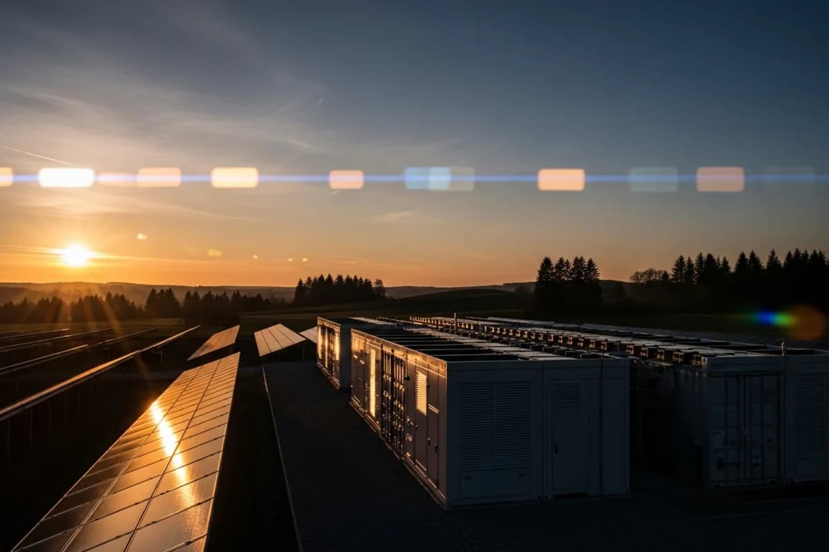 Solarmodulreihen und eine Reihe weißer Batteriecontainer auf einer Anhöhe bei Sonnenuntergang, im Hintergrund Waldrand.