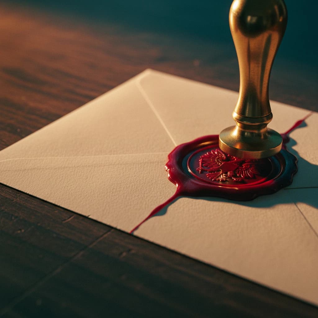 Ein goldener Siegelstempel drückt rotes Wachs auf einen verschlossenen Briefumschlag.