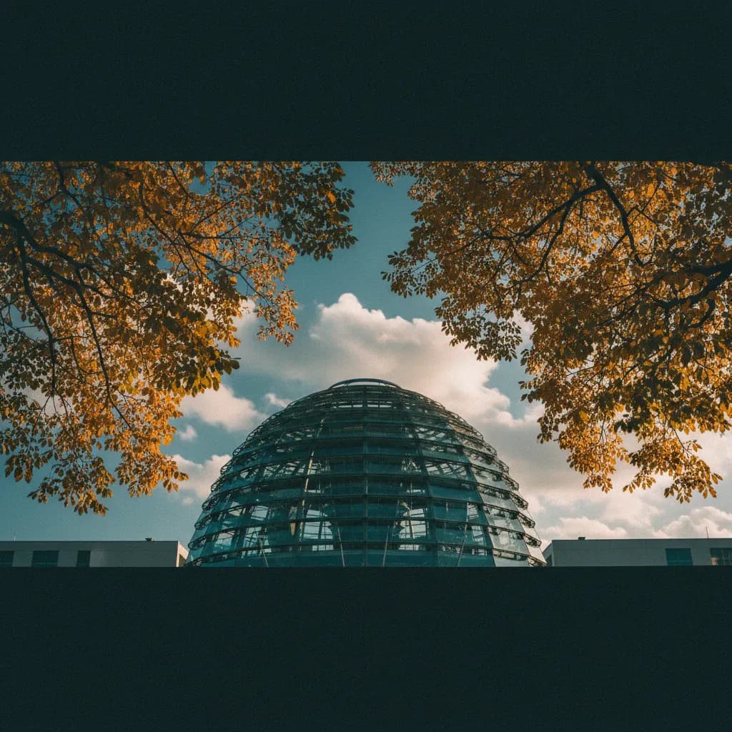 Blick von unten durch herbstlich gefärbte Baumkronen auf die Glaskuppel des Reichstags.