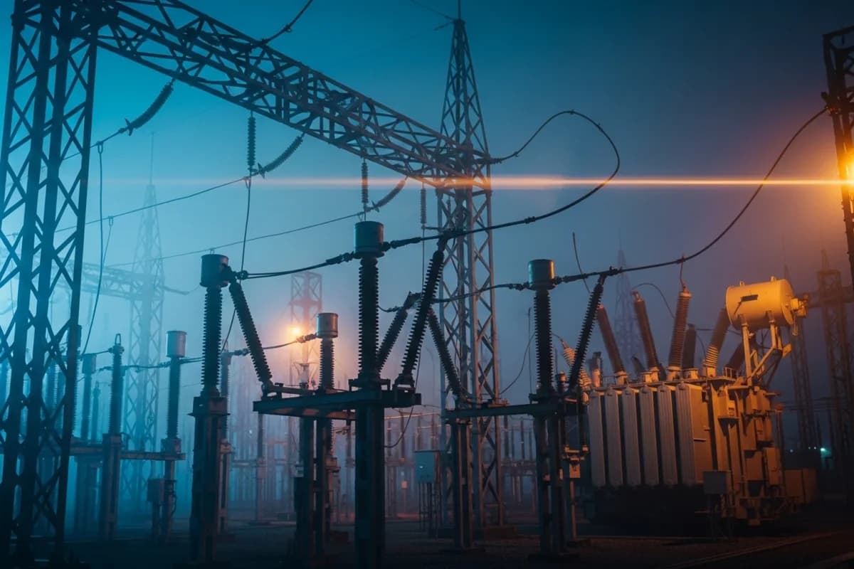 Schaltanlage im Nebel bei blauer Dämmerung: Reihen von Trennschaltern und Isolatoren auf Stahlgerüsten, rechts ein Leistungstransformator im warmen Scheinwerferlicht.