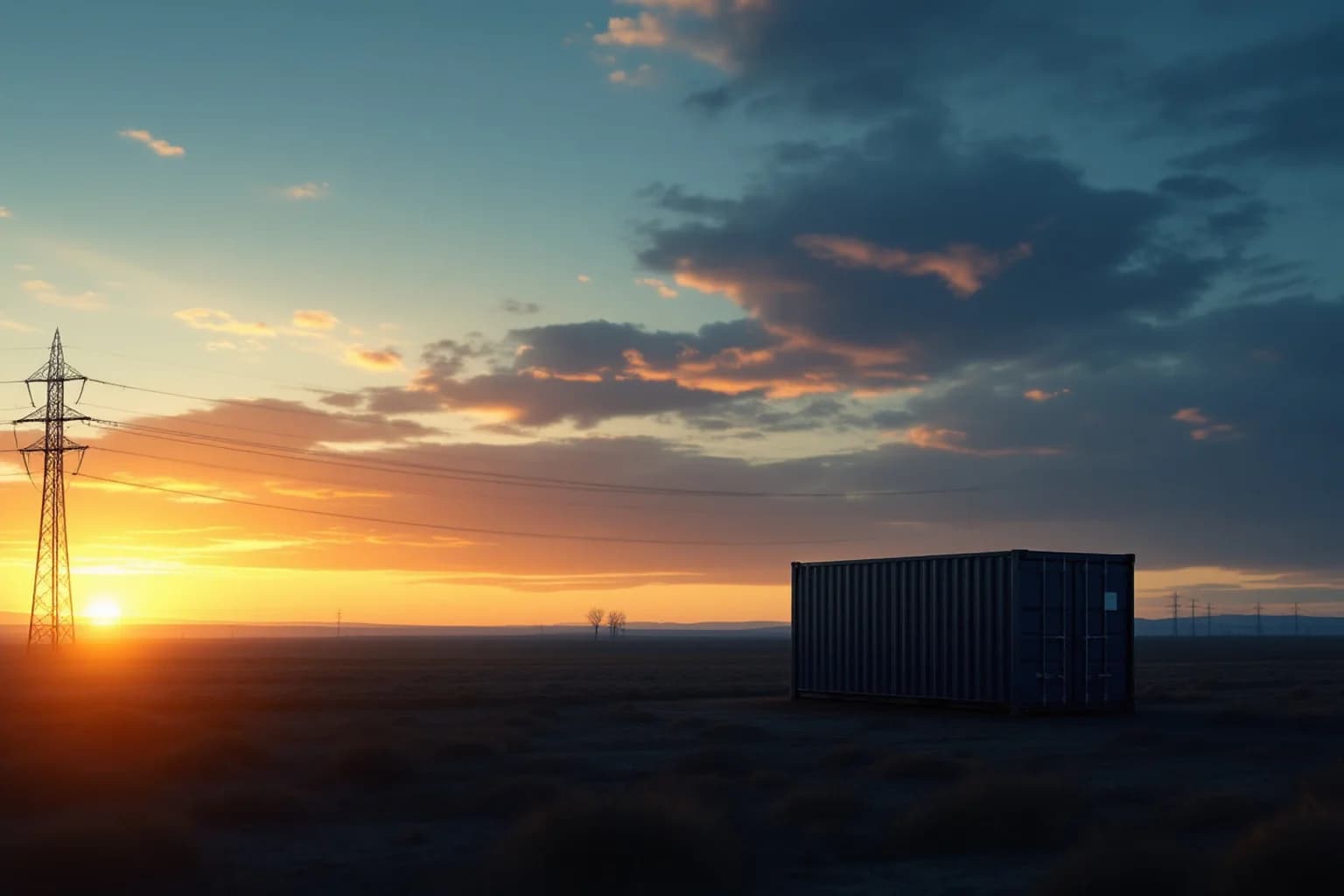 Ein einzelner Container steht auf weiter Ebene vor einem Sonnenuntergang; links am Bildrand ein Hochspannungsmast.