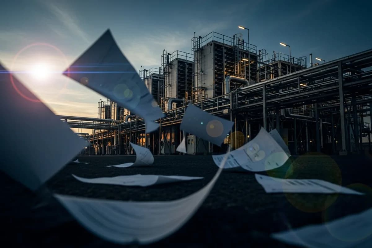 Lose Blätter wirbeln im Gegenlicht vor einer Industrieanlage mit Rohrleitungen und Stahlgerüsten in der Abenddämmerung.