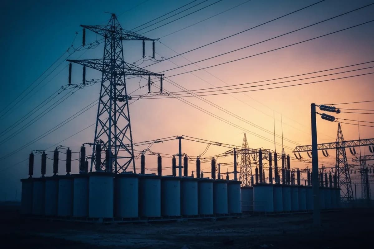 Umspannwerk im Abendlicht: Hochspannungsmasten und eine Reihe zylindrischer Anlagenteile vor einem orange-blau verlaufenden Himmel.