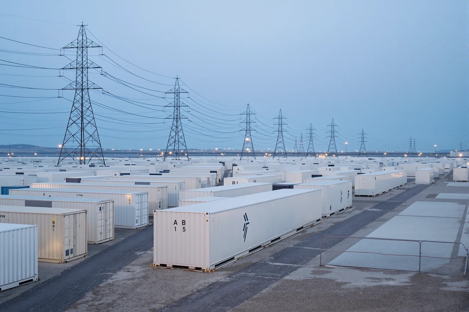 Weite Speicheranlage mit hunderten weißen Containern in Reihen, dahinter eine Kette von Hochspannungsmasten im Dunst.