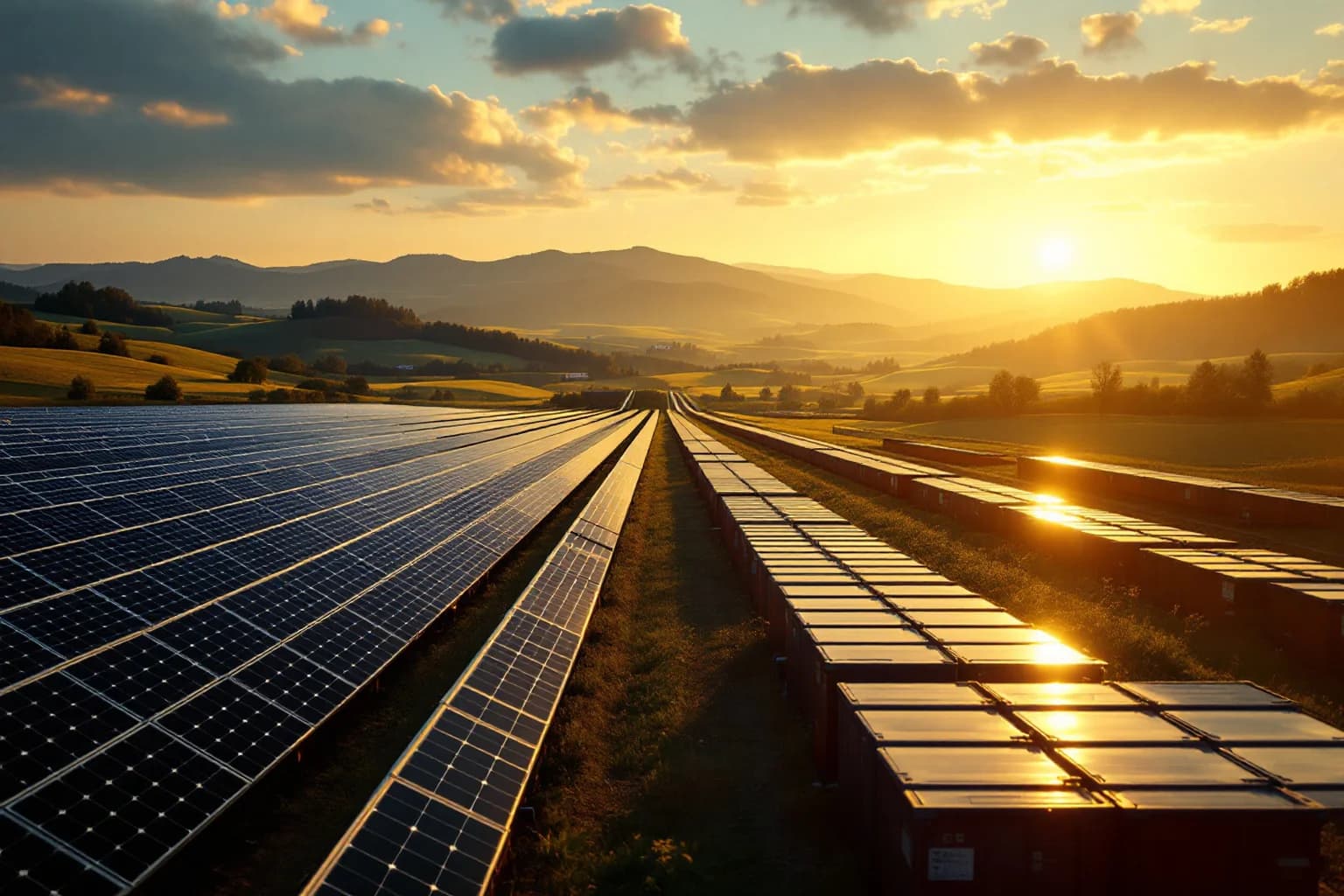 Fluchtende Reihen von Solarmodulen in hügeliger Landschaft bei Sonnenaufgang; rechts daneben eine lange Reihe Container.