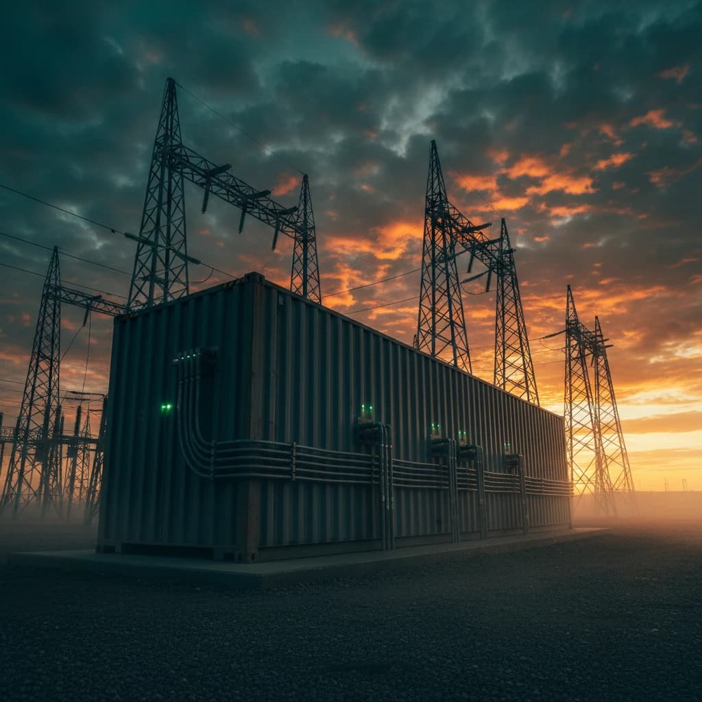 Ein langgestreckter Speichercontainer mit Kabelanschlüssen im Abendlicht, dahinter Hochspannungsmasten vor dramatischem Wolkenhimmel.