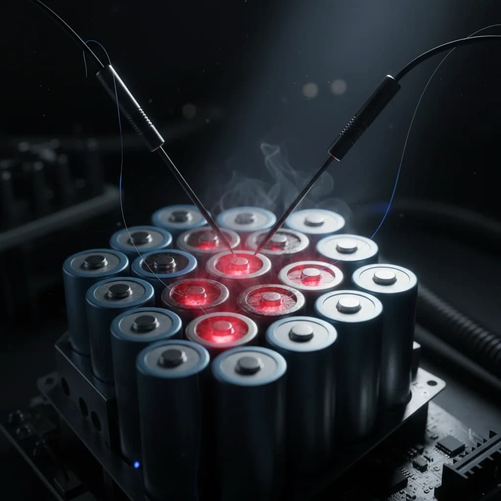 Makroaufnahme: ein Bündel zylindrischer Batteriezellen in einer Halterung, einige glühen rot, zwei Messfühler berühren sie, feiner Rauch steigt auf.