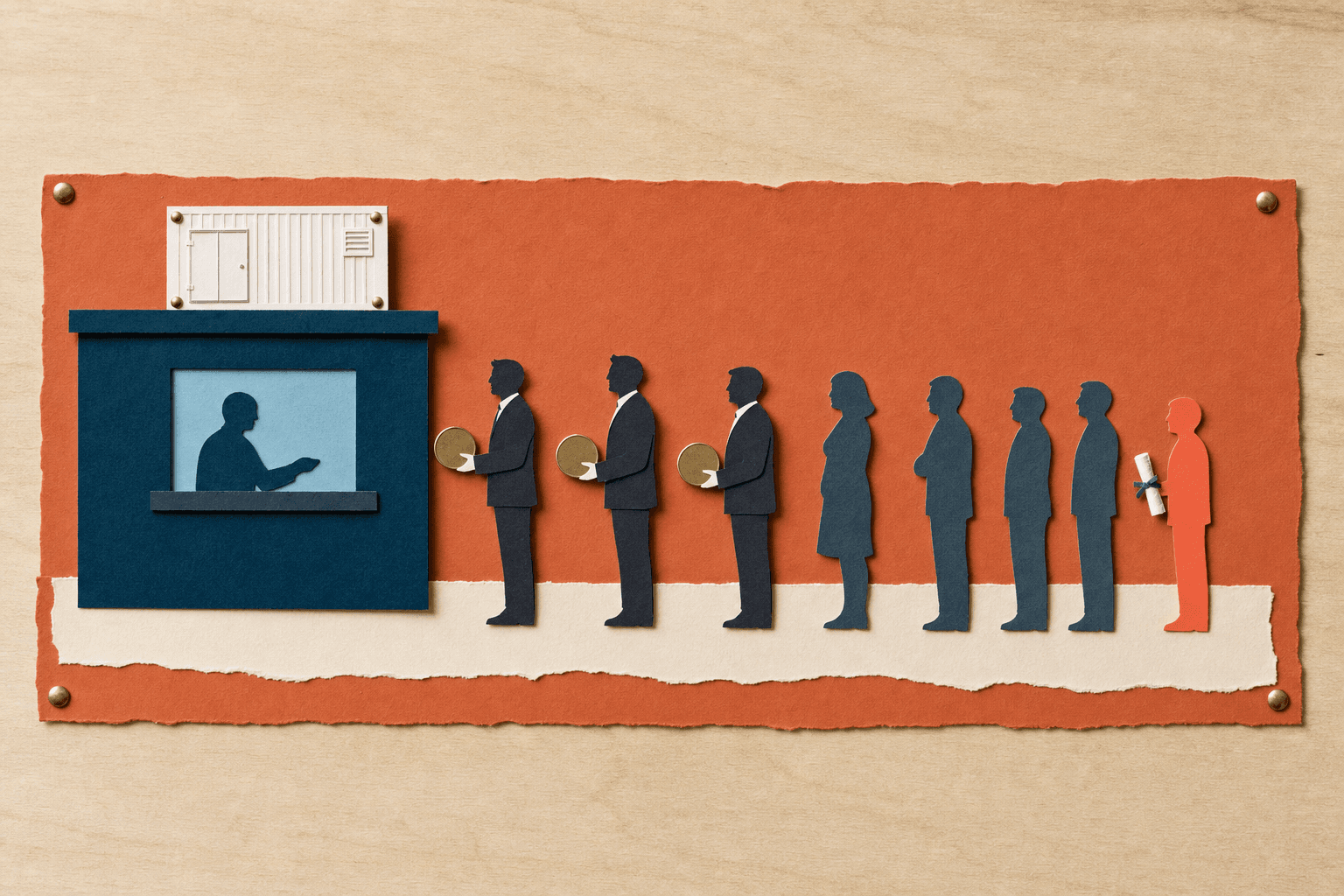Papiercollage auf Holz: Vor dem Schalter eines Speicherunternehmens steht eine Schlange aus Papierfiguren. Vorn drei Figuren in Anzügen mit je einer Münze, ganz hinten eine orange Figur mit einer gerollten Urkunde. KI-Illustration.