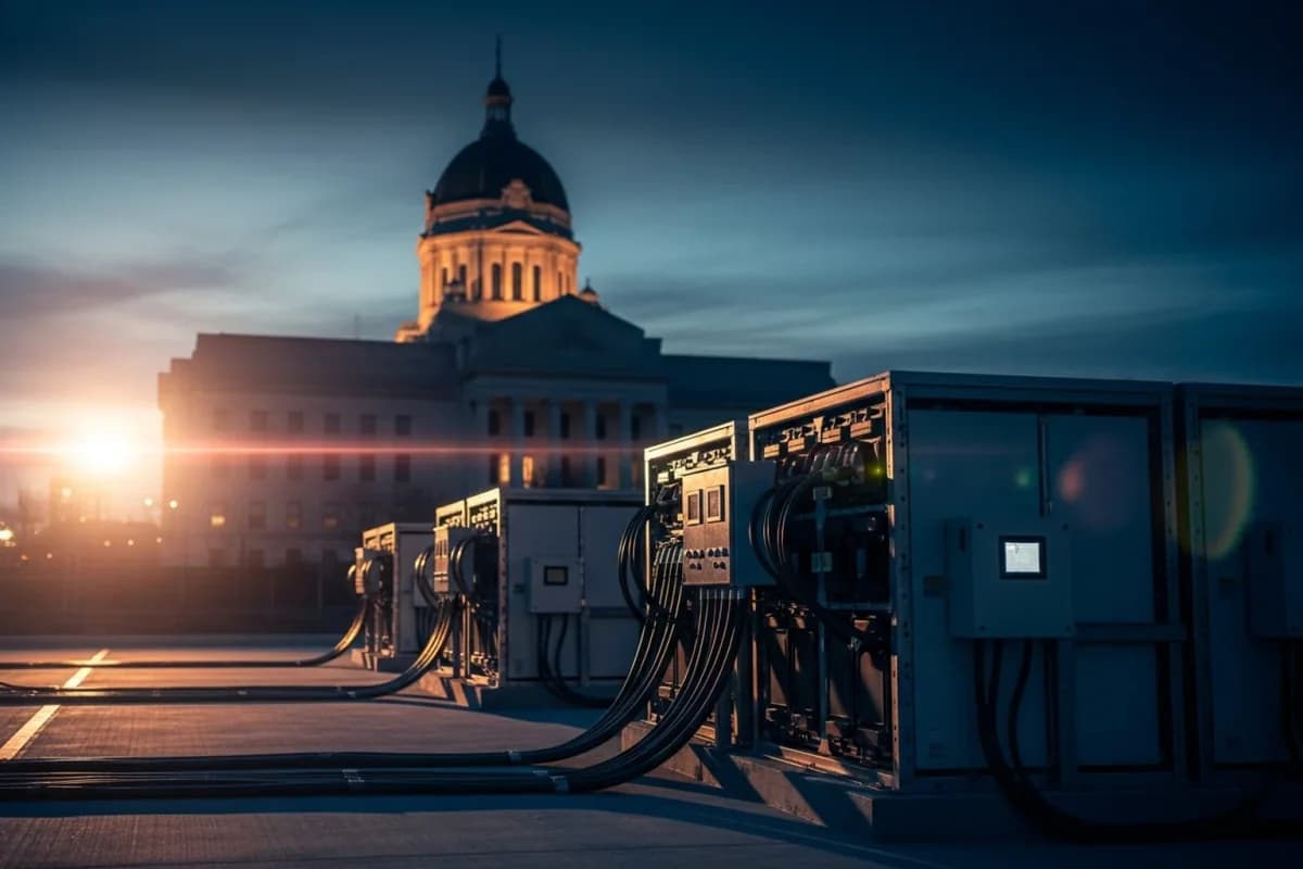 Reihe grauer Schaltschränke mit dicken schwarzen Kabelbögen im Vordergrund, dahinter eine Kuppel und die Fassade eines Regierungsgebäudes in der Abendsonne.