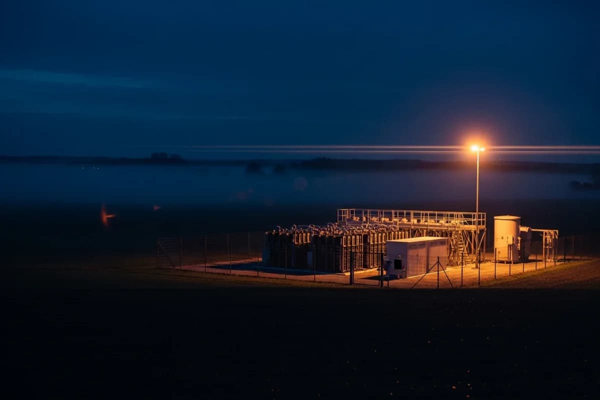 Kleine umzäunte Schaltanlage nachts auf freiem Feld, beleuchtet von einer einzelnen Mastleuchte; Bodennebel liegt über der Wiese.