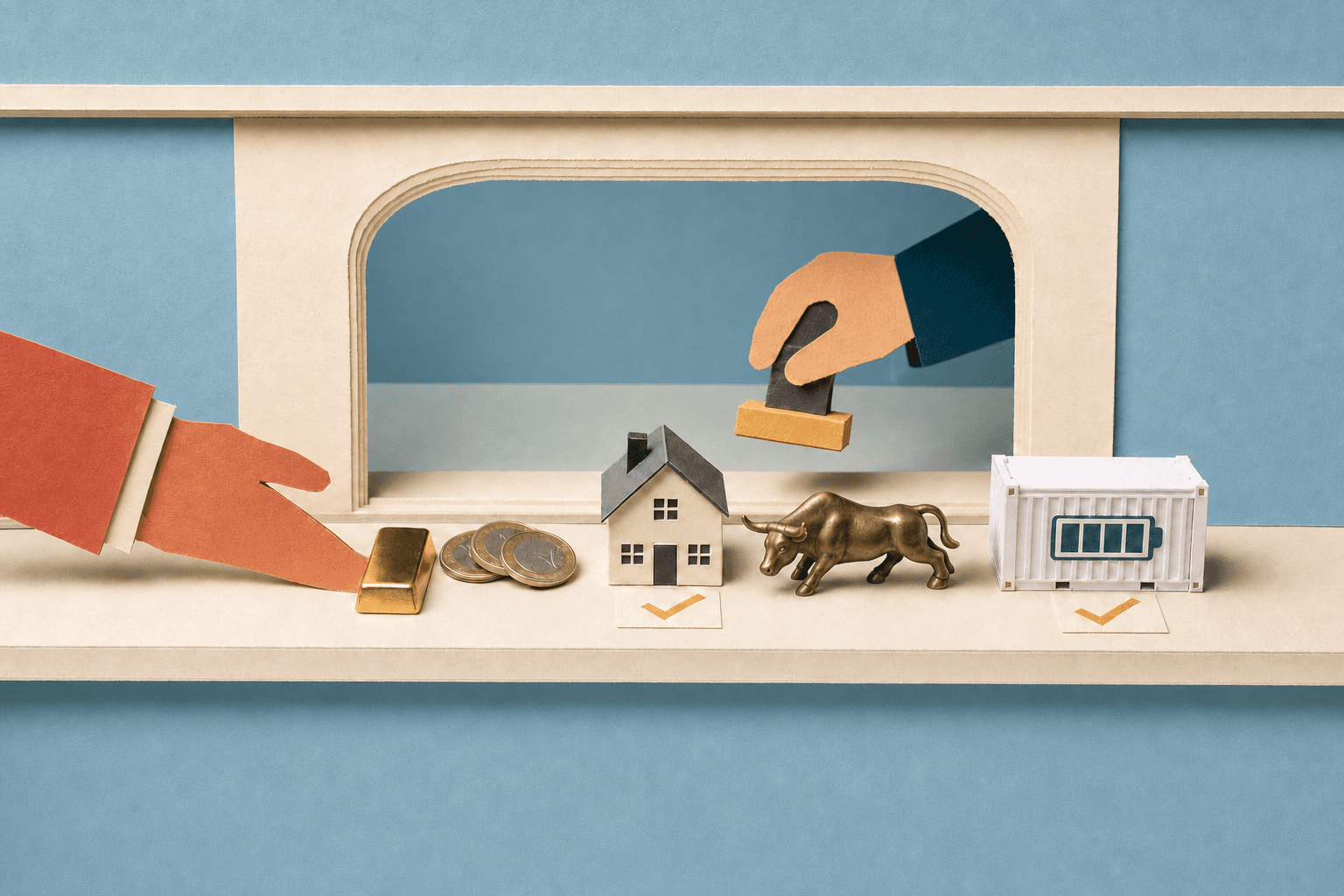 Schalter eines Amtes aus Papier: Eine Hand schiebt Goldbarren, Münzen, ein Modellhaus, eine Bronzefigur eines Bullen und einen kleinen Batteriecontainer auf den Tresen; hinter dem Fenster hält eine Hand einen Stempel, Häkchen stehen nur vor dem Haus und dem Container. KI-Illustration.