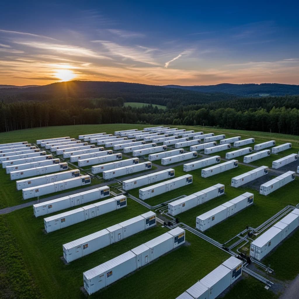Luftbild einer Speicheranlage auf einer Wiese am Waldrand: rund fünfzig weiße Container in versetzten Reihen, dahinter Hügel im Sonnenaufgang.